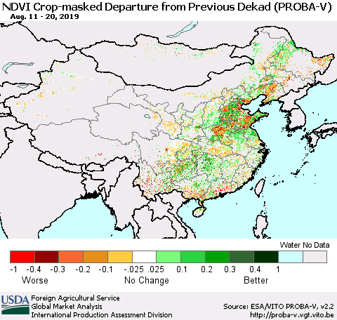 China, Mongolia and Taiwan NDVI Crop-masked Departure from Previous Dekad (PROBA-V) Thematic Map For 8/11/2019 - 8/20/2019