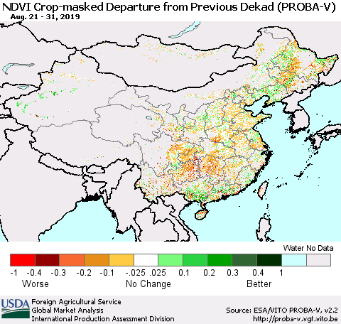 China, Mongolia and Taiwan NDVI Crop-masked Departure from Previous Dekad (PROBA-V) Thematic Map For 8/21/2019 - 8/31/2019