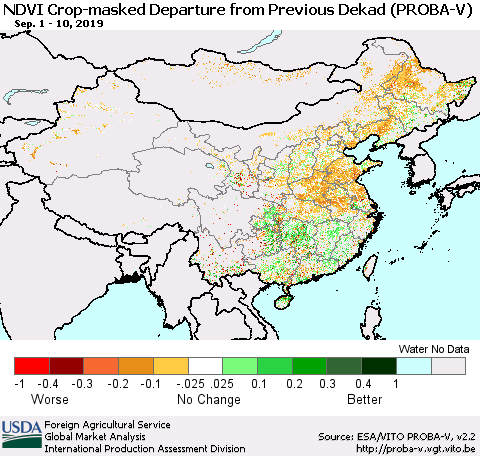 China, Mongolia and Taiwan NDVI Crop-masked Departure from Previous Dekad (PROBA-V) Thematic Map For 9/1/2019 - 9/10/2019