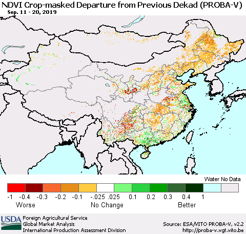China, Mongolia and Taiwan NDVI Crop-masked Departure from Previous Dekad (PROBA-V) Thematic Map For 9/11/2019 - 9/20/2019