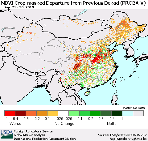 China, Mongolia and Taiwan NDVI Crop-masked Departure from Previous Dekad (PROBA-V) Thematic Map For 9/21/2019 - 9/30/2019