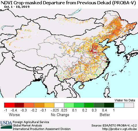 China, Mongolia and Taiwan NDVI Crop-masked Departure from Previous Dekad (PROBA-V) Thematic Map For 10/1/2019 - 10/10/2019