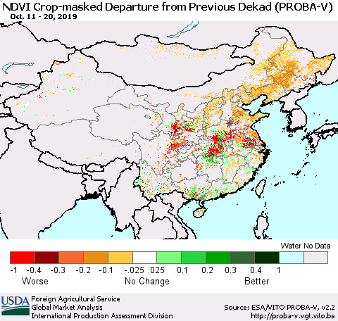China, Mongolia and Taiwan NDVI Crop-masked Departure from Previous Dekad (PROBA-V) Thematic Map For 10/11/2019 - 10/20/2019