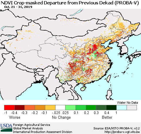 China, Mongolia and Taiwan NDVI Crop-masked Departure from Previous Dekad (PROBA-V) Thematic Map For 10/21/2019 - 10/31/2019