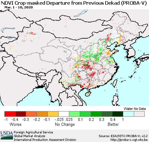 China, Mongolia and Taiwan NDVI Crop-masked Departure from Previous Dekad (PROBA-V) Thematic Map For 3/1/2020 - 3/10/2020