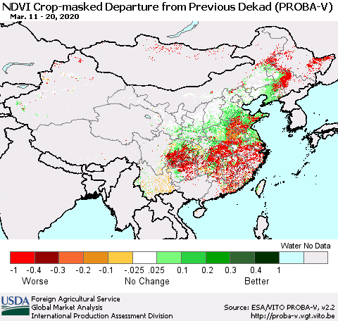 China, Mongolia and Taiwan NDVI Crop-masked Departure from Previous Dekad (PROBA-V) Thematic Map For 3/11/2020 - 3/20/2020