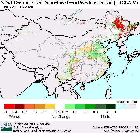 China, Mongolia and Taiwan NDVI Crop-masked Departure from Previous Dekad (PROBA-V) Thematic Map For 3/21/2020 - 3/31/2020