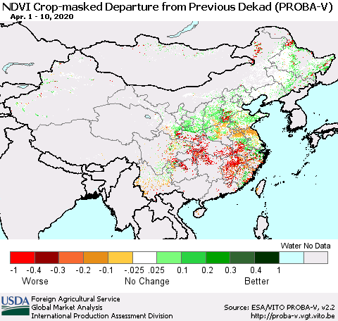 China, Mongolia and Taiwan NDVI Crop-masked Departure from Previous Dekad (PROBA-V) Thematic Map For 4/1/2020 - 4/10/2020