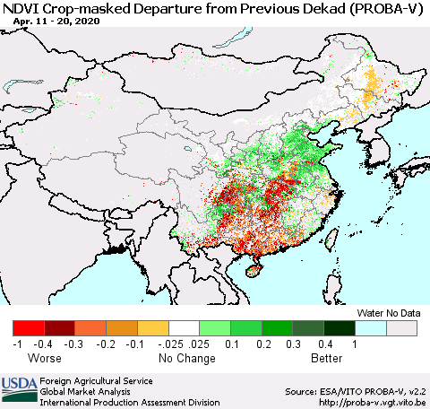 China, Mongolia and Taiwan NDVI Crop-masked Departure from Previous Dekad (PROBA-V) Thematic Map For 4/11/2020 - 4/20/2020