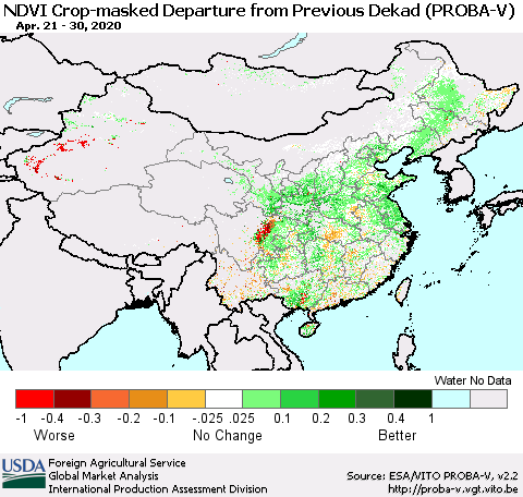 China, Mongolia and Taiwan NDVI Crop-masked Departure from Previous Dekad (PROBA-V) Thematic Map For 4/21/2020 - 4/30/2020
