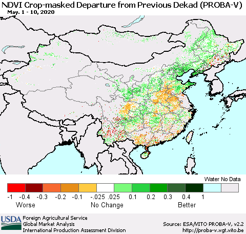 China, Mongolia and Taiwan NDVI Crop-masked Departure from Previous Dekad (PROBA-V) Thematic Map For 5/1/2020 - 5/10/2020