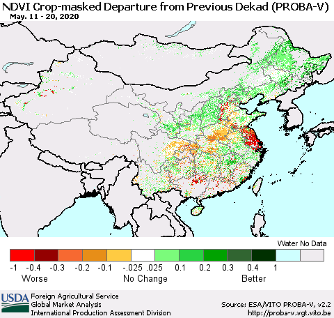 China, Mongolia and Taiwan NDVI Crop-masked Departure from Previous Dekad (PROBA-V) Thematic Map For 5/11/2020 - 5/20/2020