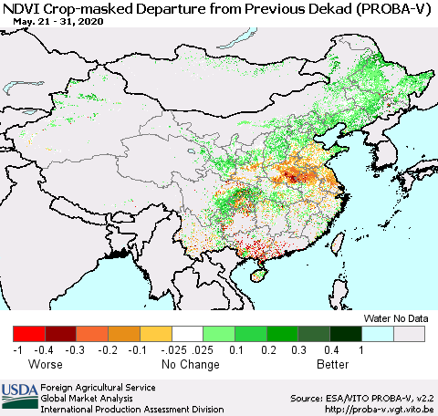 China, Mongolia and Taiwan NDVI Crop-masked Departure from Previous Dekad (PROBA-V) Thematic Map For 5/21/2020 - 5/31/2020