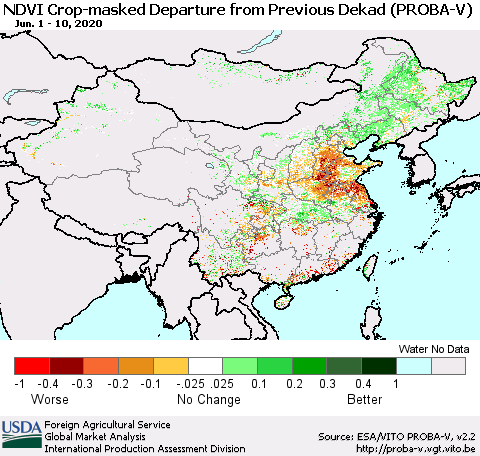 China, Mongolia and Taiwan NDVI Crop-masked Departure from Previous Dekad (PROBA-V) Thematic Map For 6/1/2020 - 6/10/2020
