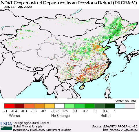 China, Mongolia and Taiwan NDVI Crop-masked Departure from Previous Dekad (PROBA-V) Thematic Map For 6/11/2020 - 6/20/2020