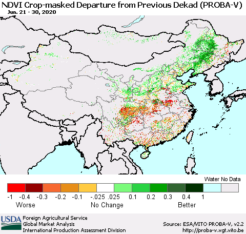 China, Mongolia and Taiwan NDVI Crop-masked Departure from Previous Dekad (PROBA-V) Thematic Map For 6/21/2020 - 6/30/2020