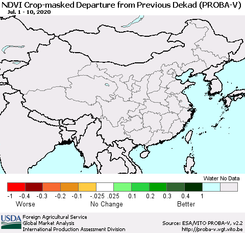 China, Mongolia and Taiwan NDVI Crop-masked Departure from Previous Dekad (PROBA-V) Thematic Map For 7/1/2020 - 7/10/2020