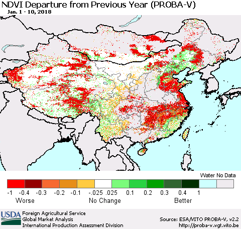 China, Mongolia and Taiwan NDVI Departure from Previous Year (PROBA-V) Thematic Map For 1/1/2018 - 1/10/2018