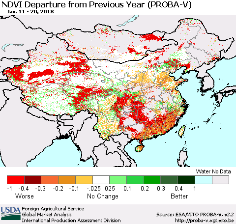 China, Mongolia and Taiwan NDVI Departure from Previous Year (PROBA-V) Thematic Map For 1/11/2018 - 1/20/2018