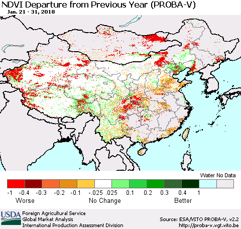 China, Mongolia and Taiwan NDVI Departure from Previous Year (PROBA-V) Thematic Map For 1/21/2018 - 1/31/2018