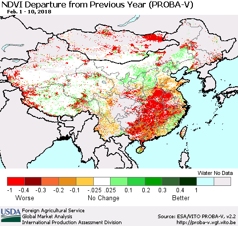 China, Mongolia and Taiwan NDVI Departure from Previous Year (PROBA-V) Thematic Map For 2/1/2018 - 2/10/2018