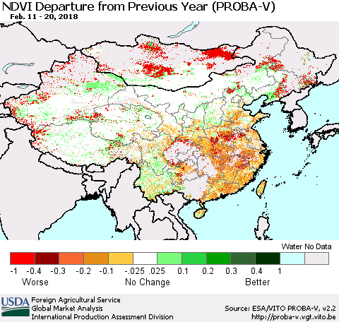China, Mongolia and Taiwan NDVI Departure from Previous Year (PROBA-V) Thematic Map For 2/11/2018 - 2/20/2018