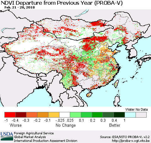China, Mongolia and Taiwan NDVI Departure from Previous Year (PROBA-V) Thematic Map For 2/21/2018 - 2/28/2018