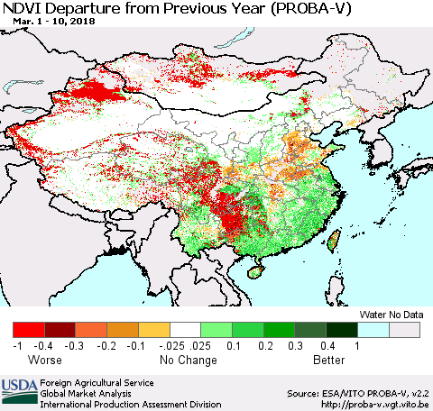 China, Mongolia and Taiwan NDVI Departure from Previous Year (PROBA-V) Thematic Map For 3/1/2018 - 3/10/2018