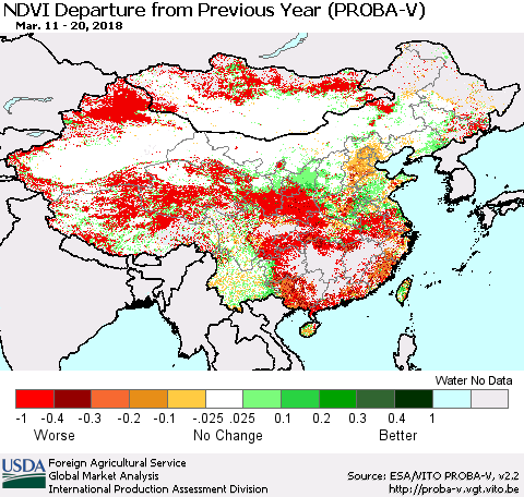 China, Mongolia and Taiwan NDVI Departure from Previous Year (PROBA-V) Thematic Map For 3/11/2018 - 3/20/2018