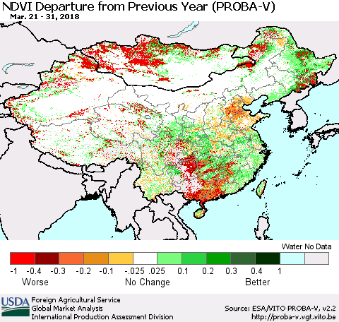 China, Mongolia and Taiwan NDVI Departure from Previous Year (PROBA-V) Thematic Map For 3/21/2018 - 3/31/2018