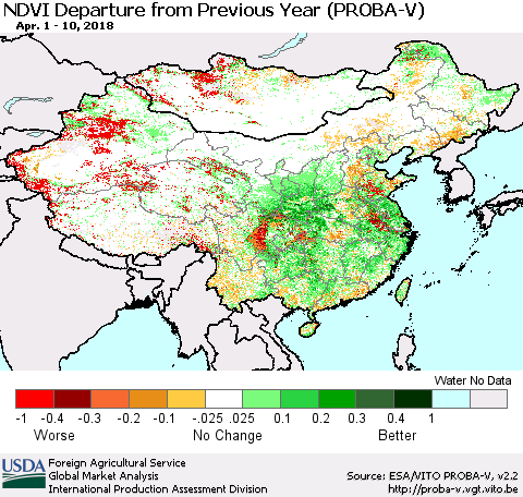 China, Mongolia and Taiwan NDVI Departure from Previous Year (PROBA-V) Thematic Map For 4/1/2018 - 4/10/2018