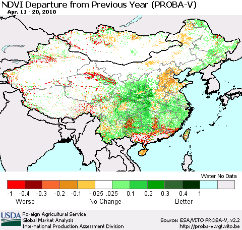 China, Mongolia and Taiwan NDVI Departure from Previous Year (PROBA-V) Thematic Map For 4/11/2018 - 4/20/2018