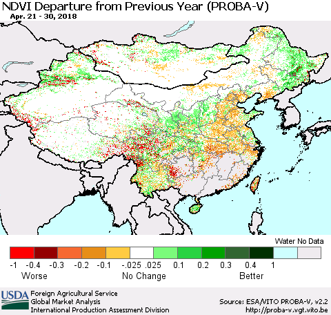 China, Mongolia and Taiwan NDVI Departure from Previous Year (PROBA-V) Thematic Map For 4/21/2018 - 4/30/2018