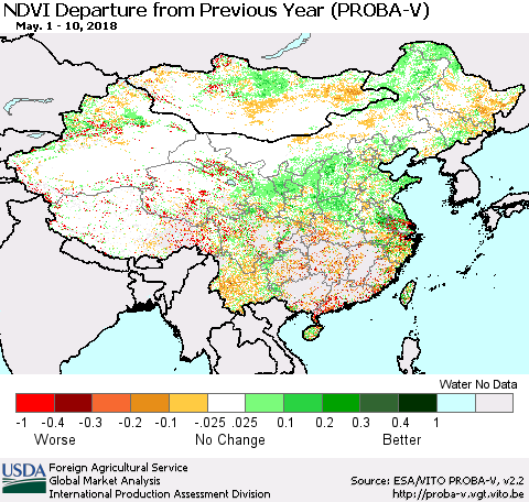 China, Mongolia and Taiwan NDVI Departure from Previous Year (PROBA-V) Thematic Map For 5/1/2018 - 5/10/2018