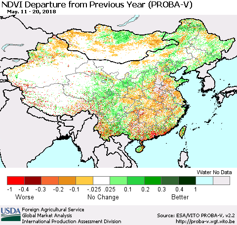 China, Mongolia and Taiwan NDVI Departure from Previous Year (PROBA-V) Thematic Map For 5/11/2018 - 5/20/2018