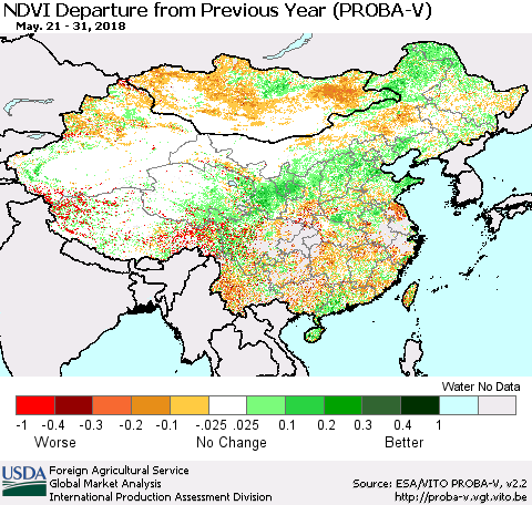 China, Mongolia and Taiwan NDVI Departure from Previous Year (PROBA-V) Thematic Map For 5/21/2018 - 5/31/2018
