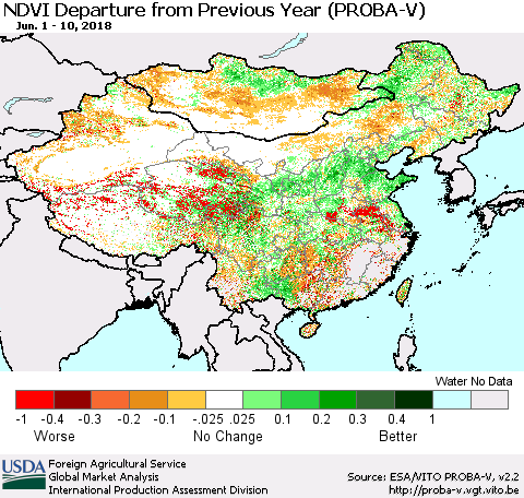 China, Mongolia and Taiwan NDVI Departure from Previous Year (PROBA-V) Thematic Map For 6/1/2018 - 6/10/2018
