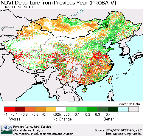 China, Mongolia and Taiwan NDVI Departure from Previous Year (PROBA-V) Thematic Map For 6/11/2018 - 6/20/2018