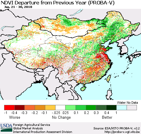 China, Mongolia and Taiwan NDVI Departure from Previous Year (PROBA-V) Thematic Map For 6/21/2018 - 6/30/2018