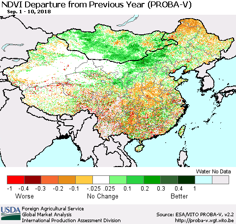 China, Mongolia and Taiwan NDVI Departure from Previous Year (PROBA-V) Thematic Map For 9/1/2018 - 9/10/2018