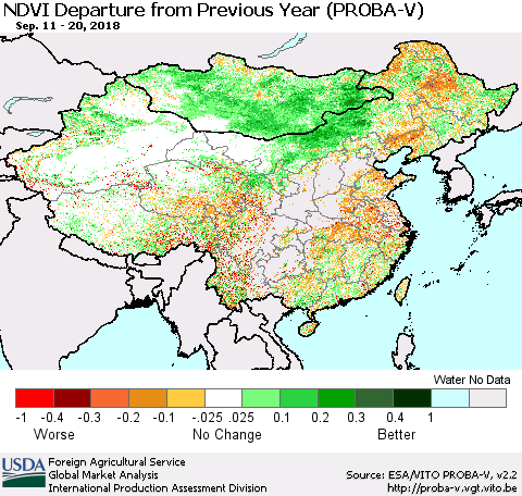 China, Mongolia and Taiwan NDVI Departure from Previous Year (PROBA-V) Thematic Map For 9/11/2018 - 9/20/2018