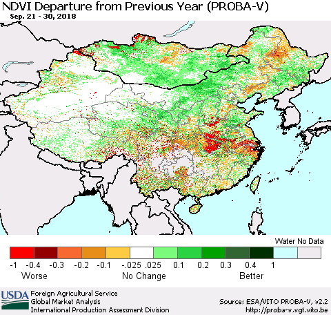 China, Mongolia and Taiwan NDVI Departure from Previous Year (PROBA-V) Thematic Map For 9/21/2018 - 9/30/2018