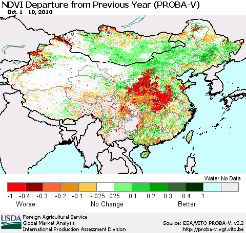 China, Mongolia and Taiwan NDVI Departure from Previous Year (PROBA-V) Thematic Map For 10/1/2018 - 10/10/2018