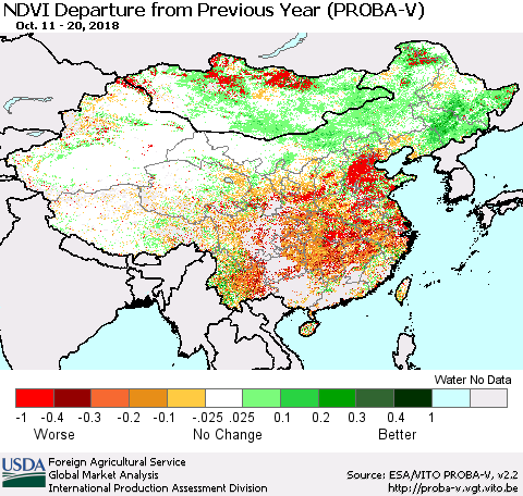 China, Mongolia and Taiwan NDVI Departure from Previous Year (PROBA-V) Thematic Map For 10/11/2018 - 10/20/2018