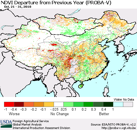 China, Mongolia and Taiwan NDVI Departure from Previous Year (PROBA-V) Thematic Map For 10/21/2018 - 10/31/2018