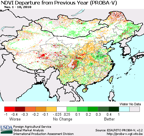 China, Mongolia and Taiwan NDVI Departure from Previous Year (PROBA-V) Thematic Map For 11/1/2018 - 11/10/2018