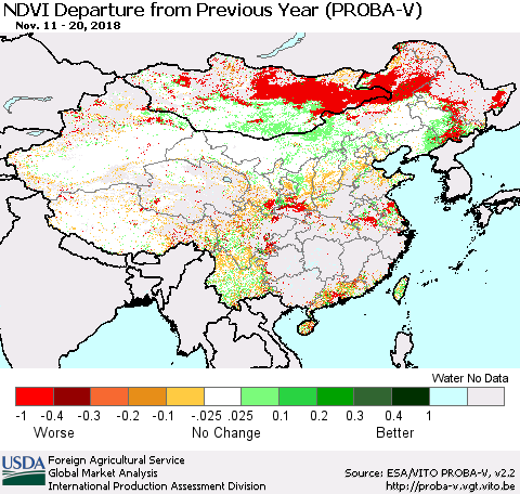 China, Mongolia and Taiwan NDVI Departure from Previous Year (PROBA-V) Thematic Map For 11/11/2018 - 11/20/2018