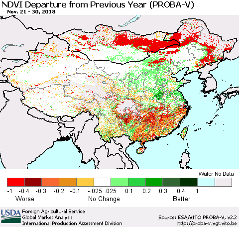 China, Mongolia and Taiwan NDVI Departure from Previous Year (PROBA-V) Thematic Map For 11/21/2018 - 11/30/2018
