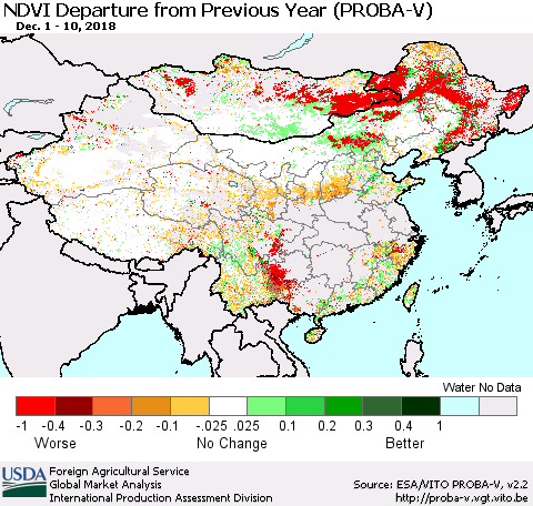 China, Mongolia and Taiwan NDVI Departure from Previous Year (PROBA-V) Thematic Map For 12/1/2018 - 12/10/2018
