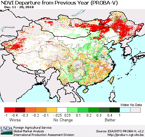 China, Mongolia and Taiwan NDVI Departure from Previous Year (PROBA-V) Thematic Map For 12/11/2018 - 12/20/2018